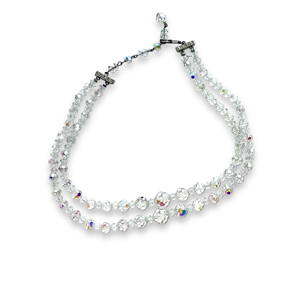 Vtg Graduated Clear AB Double‎ Strand Silver Tone Choker 15" Necklace